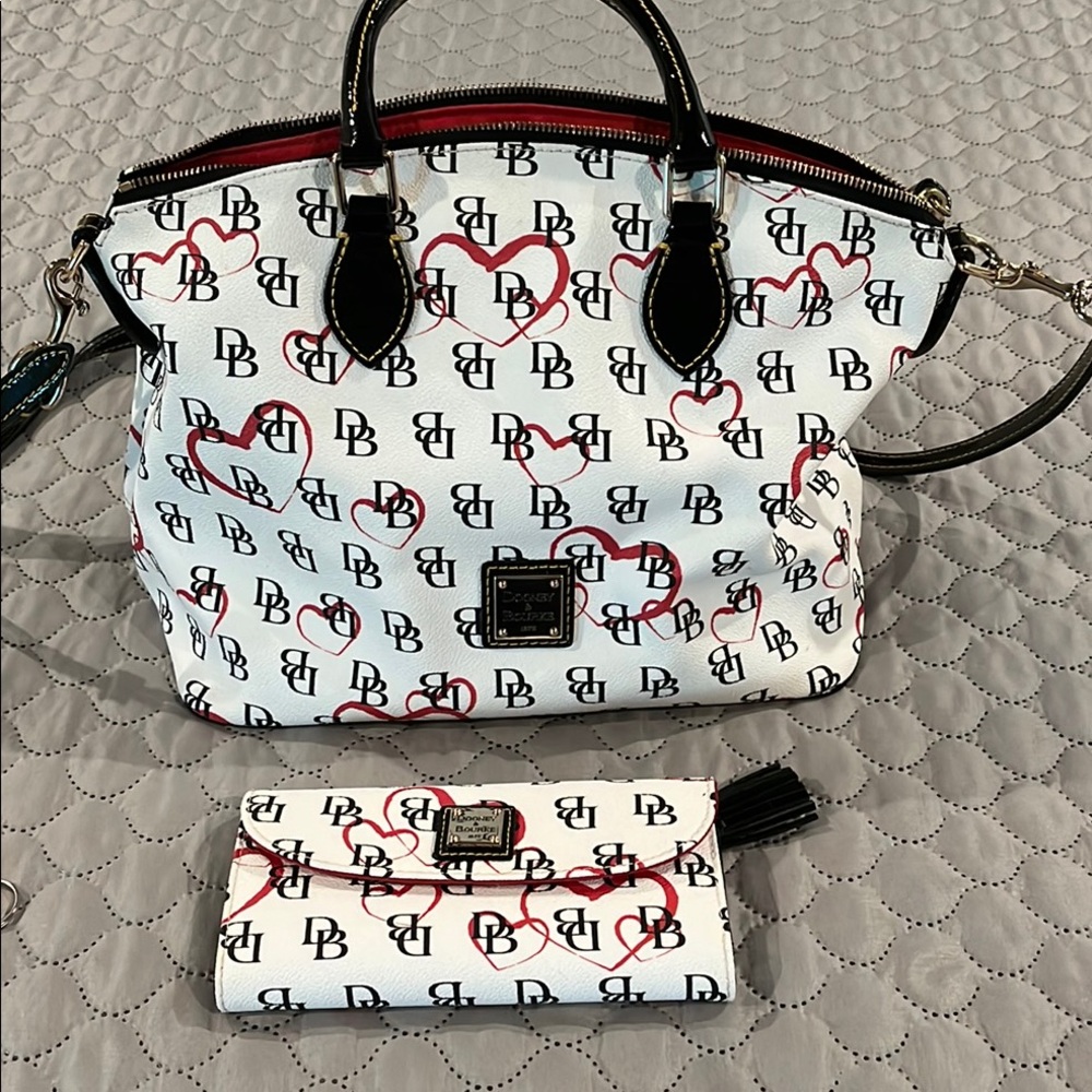 Dooney & Bourke White & Black Logo w/Red Hearts Satchel Bag & Matching Wallet